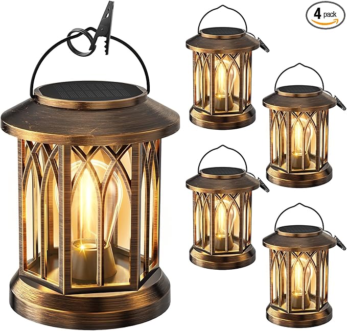 WdtPro Solar Lanterns Outdoor Lights 4 Pack Bright Lanterns Outdoor Waterproof with Clip Patio Decor Hanging Solar Lights for Outside Garden Yard Front Porch Table Decoration (Antique Copper)