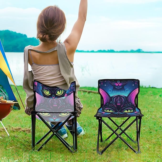 Fluorescent Black Cat Cool Portable Beach Chairs Ultra-Lightweight Backpack Chai for Adults Carry Bag Included Portable Chair for Waiting in Line