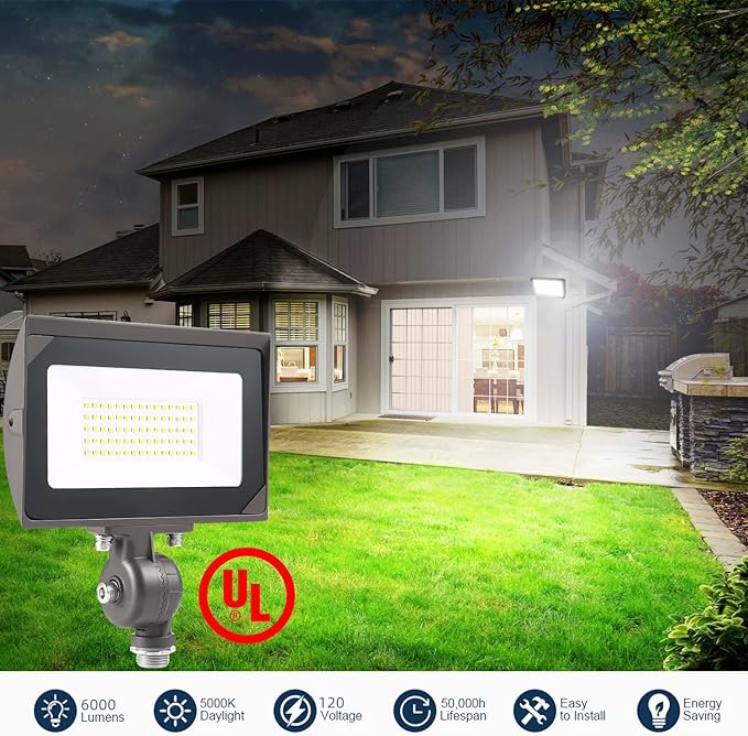 50W Outdoor LED Flood Light With 1/2 Knuckle Mount (Plate Included) 5000K Daylight 6000LM 120V UL Waterproof LED Security FLood Lighting for Wall Wash /Sign/Flagpole/Tree/Yards/Advertising Boards