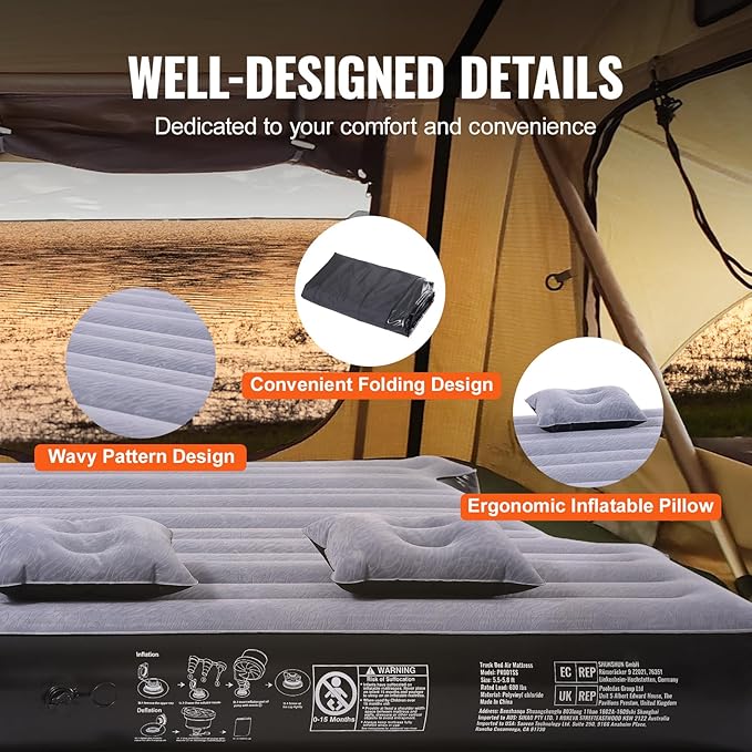 VEVOR Truck Bed Air Mattress for 5.5-5.8 ft Full Size Short Truck Beds Inflatable Air Mattress Bed with 12V Air Pump 2 Pillows Carry Bag for Silverado RAM F Series Sierra Titan Tundra
