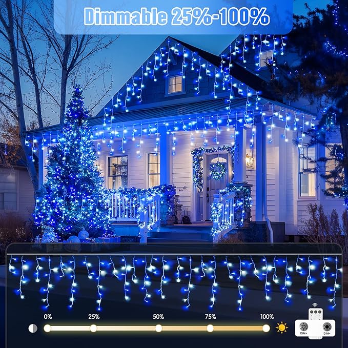 JMEXSUSS Blue&ampWhite Icicle Lights - 38.8FT 400 LED Icicle String Lights with Remote for Indoor/Outdoor House Bedroom Fireplace Birthday Christmas Decorations