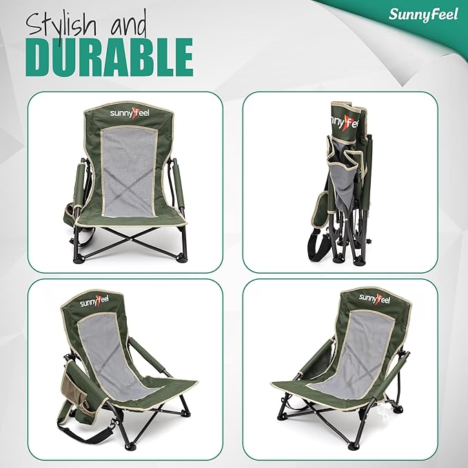 SUNNYFEEL Low Folding Beach Chair for Adults Portable Lightweight Sling Beach Camping Chairs with Cup Holder ArmrestFoldable Camp Lawn Chair for Outdoor Sand Concert Travel Sport Events300LBS