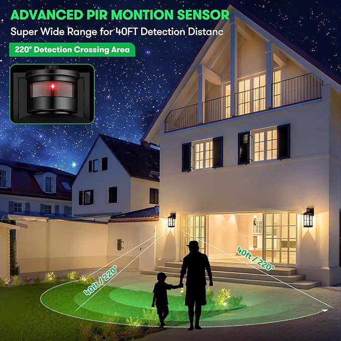 13in Motion Sensor Porch Light Anti-Rust 100% Aluminum Dusk to Dawn Outdoor Light Fixtures Exterior Wall Lantern Sconce Lighting Matte Black Outside Lights for House Wall Mount for Entryway Garage