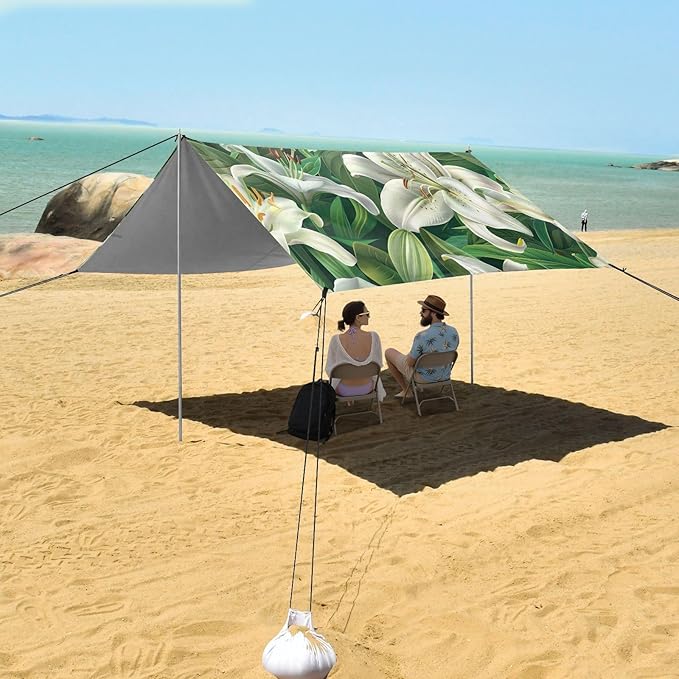 White Lilies Beach Tent Sun Shelter 9.2' x 10.5' Beach Canopy with 4 Sandbags 4 Stability Poles Sand Shovels - Tent Canopy for Beach Camping Fishing Picnics