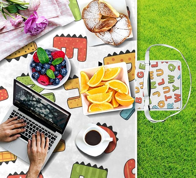 MNSRUU Picnic Blanket Waterproof Foldable ABC Simple Cartoon Large Outdoor Picnic Beach Camping Blanket Travel Mat Shoulder Strap Tote Rectangle 57x59in