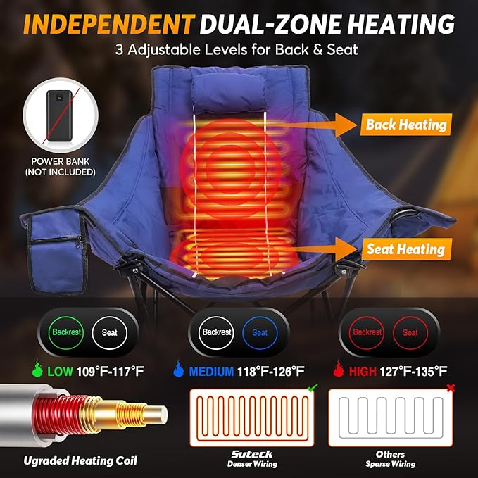 Suteck Heated Rocking Camping Chair Fully Thicker Padded Heated Camping Chairs for Outdoor Sports W/3 Heat Levels for Back &amp Seat Heated Rocking Chair for Adults with Carry Bag Battery NOT Incl
