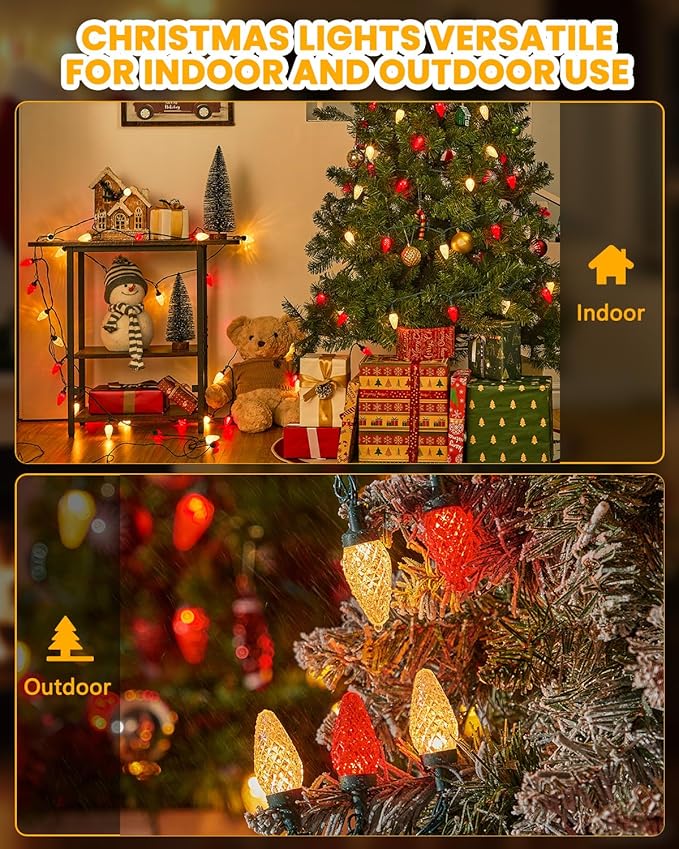 Minetom C9 Christmas Lights Outdoor 88FT 110LED String Lights with 8 Mode Waterproof Connectable UL Certified C9 Christmas Decorations for Indoor Outdoor Patio Roofline Decor Red＆Warm White