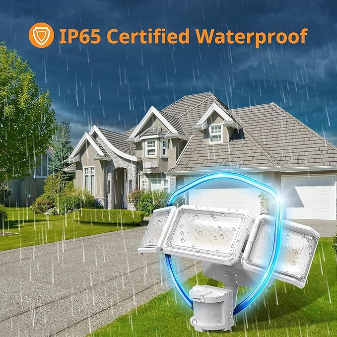 LEPOWER Battery Powered LED Flood Light Outdoor1500LM Motion Sensor Security Lights IP65 WaterproofWireless Flood Light Battery Operated3 Head Motion Detector Light for GarageYardPorch(White)