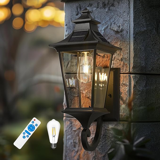 Emliviar Solar Exterior Front Porch Light with Remote Control 3 Lighting Modes Waterproof Solar Wall Lantern Auto On/Off Black Outside Light with Clear Glass 500181-SL BK