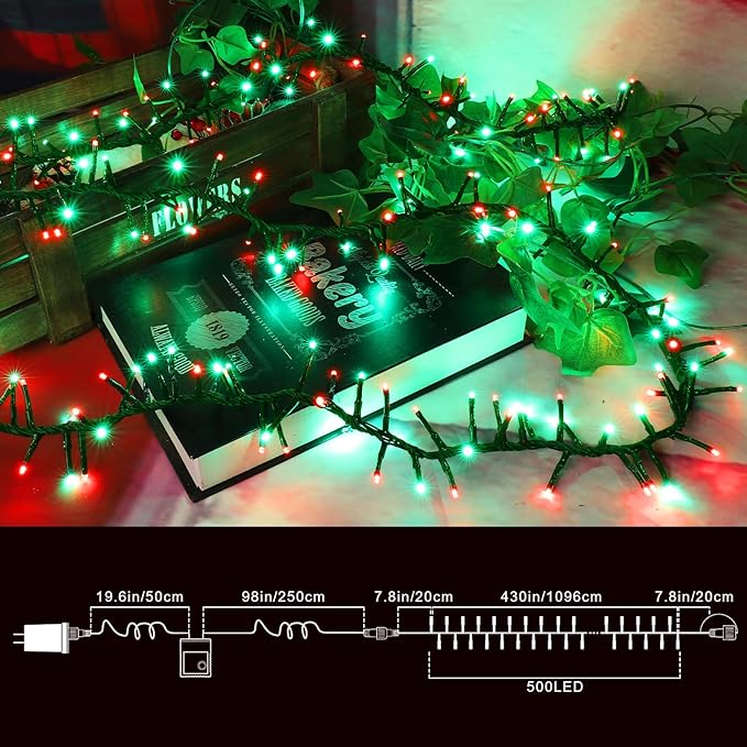 LAMPHOME 500 LED String Lights Outdoor - 16 Modes 46ft with Waterproof Green Red &amp Red-Green Cluster Lights