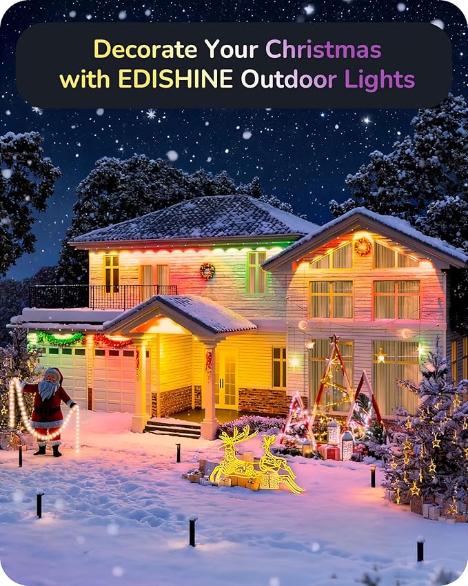 EDISHINE 60ft Permanent Outdoor Lights 40 LED Eave Light with App/Remote Smart Rainbow RGBW Holiday Light with 50 Scene Modes IP67 Waterproof for House Compatible with Alexa Google Assistant