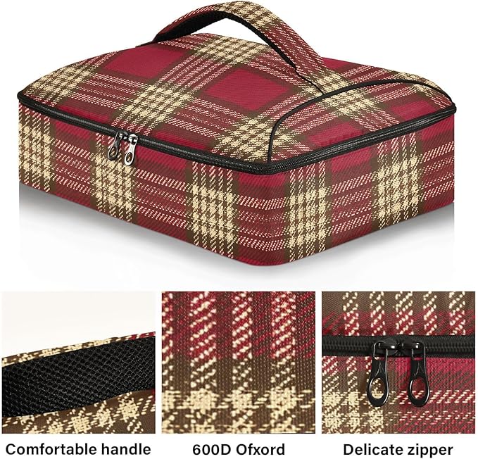 Casserole Carrier Red Plaid Insulated Casserole Carrier for Hot or Cold Food Thermal Lunch Tote for Parties Picnic Travel Carry Bag