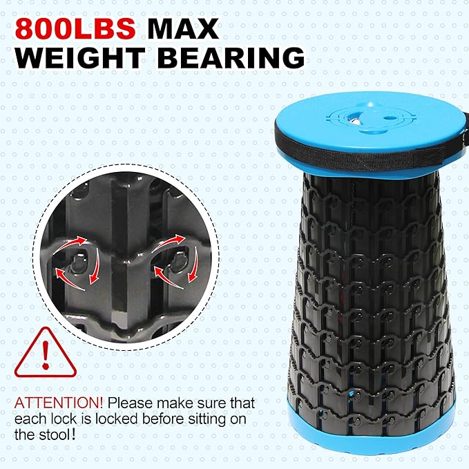 ALEVMOOM Upgraded 19.7 Portable Collapsible Folding Stool Retractable Telescoping Foldable Stool for Adults Heavy Duty Camping Sturdy with Max Load Capacity 1000lbs for Outdoor Fishing Hiking BBQ