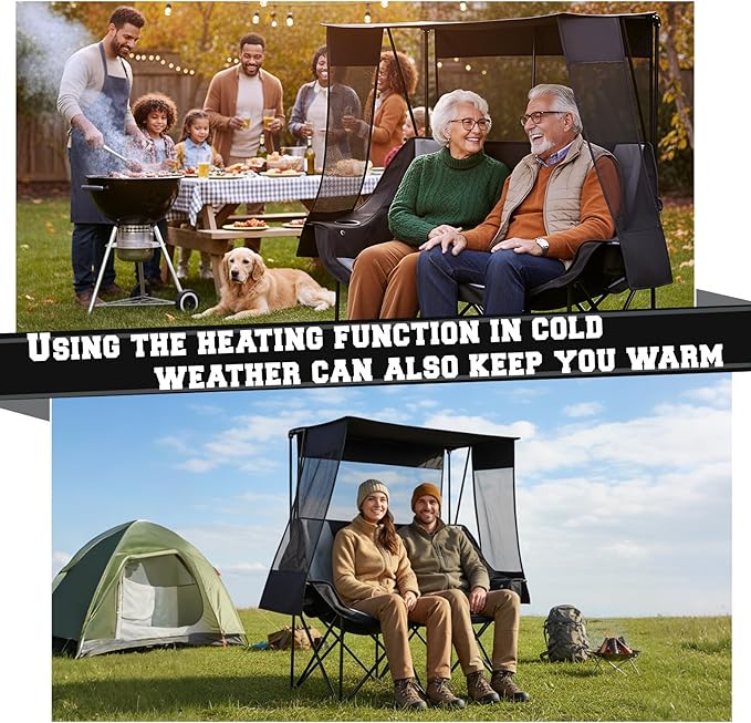 Double Camping Chair with Canopy 660lbs Folding Beach Camping Loveseat with Padded Seat and Cup Holders 4-Zone Heated Outdoor Chair for Lawn Beach Camp Use 5v/3a Power Bank