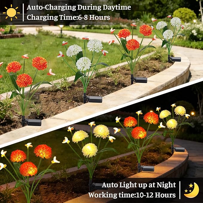 Solar Garden Lights Outdoor Waterproof 2 Packs Solar Swaying Bee Lights with Fake Flowers Fairy Lights Outdoor Patio Yard Pathway Decoration Ideal Gifts for Women Mother's Day