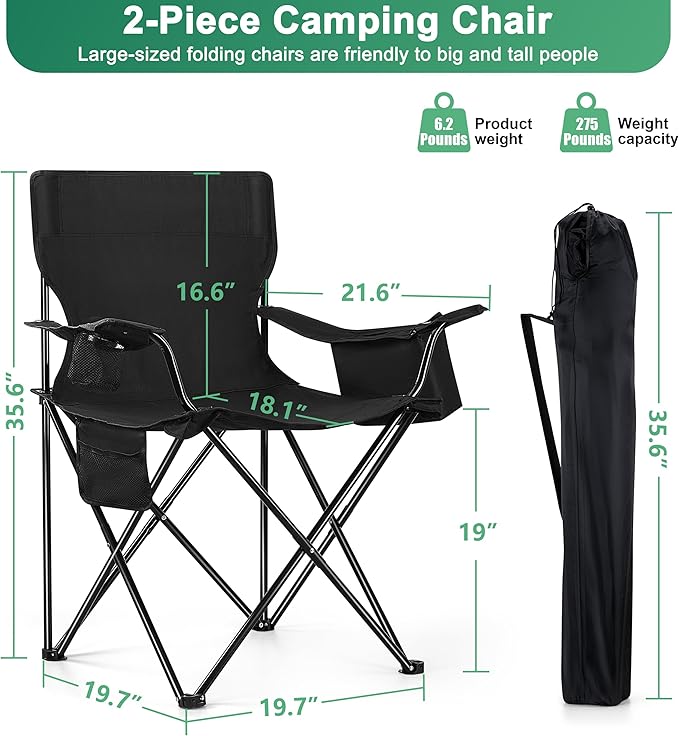 HaSteeL 2 Pack Camping Chair Large Folding Beach Chairs with Cooler Bag Cup Holder &amp Storage Pocket Portable for Outdoor Patio Picnic Lawn Hiking Fishing Travel Support 275 LBS (Black)