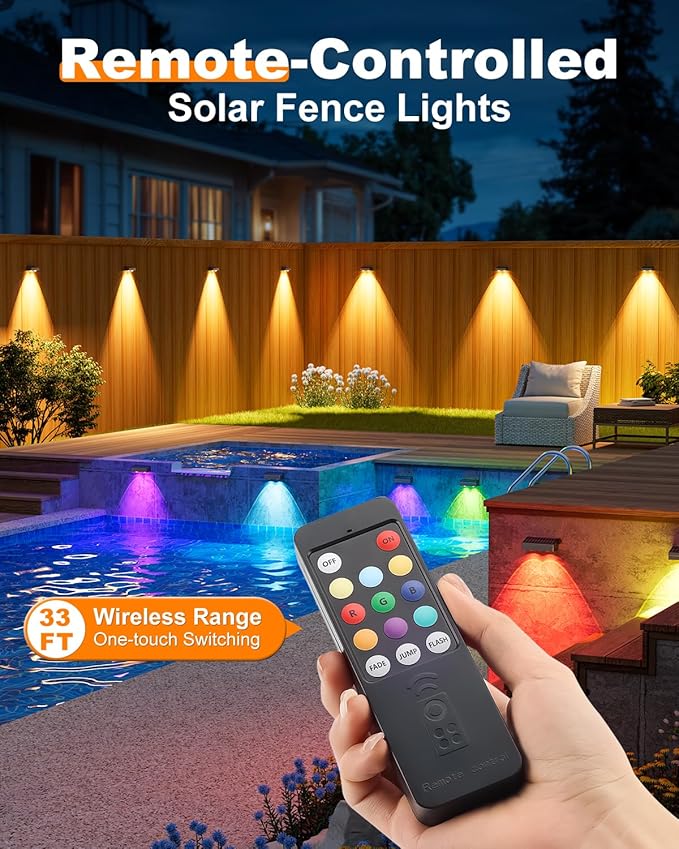 VOLISUN Solar Fence Lights with Remote Control 50 Lumen LED Fence Lights Solar Powered IP65 Waterproof 10 RGB Color Long-Lasting Solar Lights for Backyard Garden Deck Patio Railing (8 Pack)