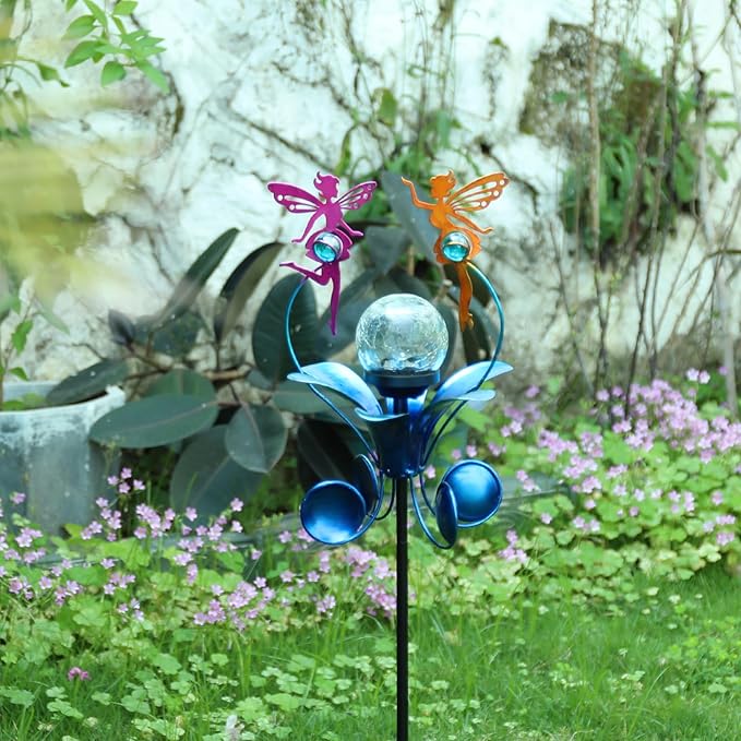 VCUTEKA Solar Lights Outdoor Metal Garden Stake Waterproof Crackle Glass Globe Garden Decor Fairy for Pathway Lawn Patio Yard
