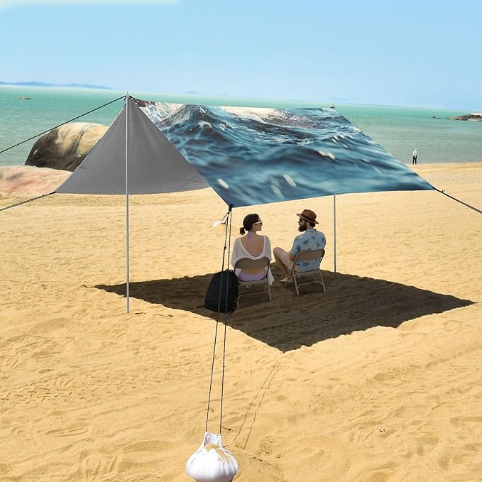 Dolphins Jumping Pattern Beach Tent Sun Shelter 9.2' x 10.5' Beach Canopy with 4 Sandbags 4 Stability Poles Sand Shovels - Tent Canopy for Beach Camping Fishing Picnics
