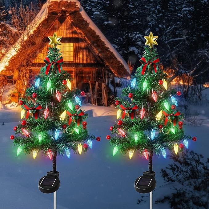 Dremisland 2Pack Solar Christmas Tree with 40LED Lights Outdoor Solar Christmas Decorations Waterproof Solar Powered Prelit Christmas Tree for Holiday Pathway Garden Yard (Solar Christmas Tree-2PCS)
