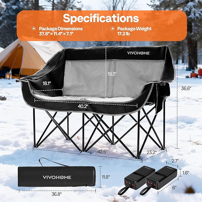 VIVOHOME 45W Padded Heating Double Camping Chair with 2 x 27000mAh Power Bank Heated Oversized Portable Loveseat for Outdoor Sports 3 Levels of Heat Overheat Protection System Black and Gray