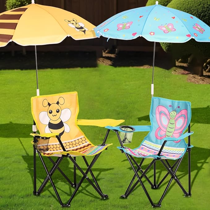 Kids Beach Chair with Umbrella Child Folding Chair Umbrella with Universal Clamp for Children Beach Camping Patio Garden Outdoor Lawn Pool Travel Indoor