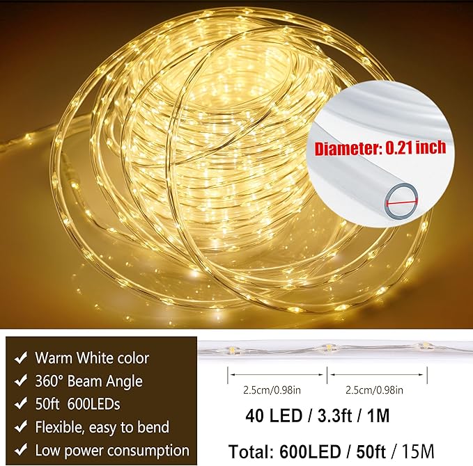 Connectable Outdoor Rope Lights 50ft 600 LED Warm White Strip Light Plug in for Indoor with Waterproof 8 Modes Outdoor String Lights for Camping Garden Backyard Patio Deck Pool Tree Décor