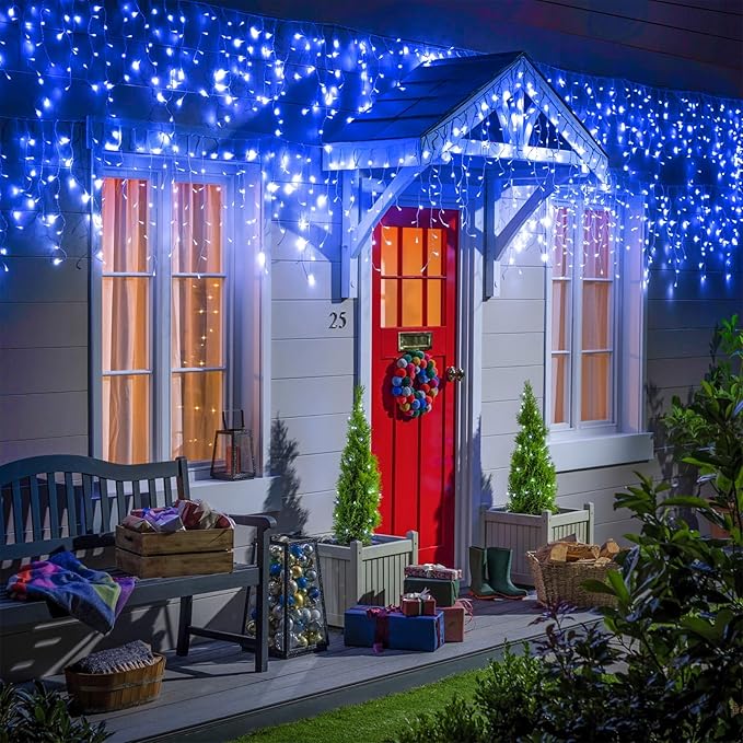 33ft 400LED Icicle Lights for Outside Blue Christmas Lights for House Patio Yard Porch Backyard Holiday Garden Xmas Exterior Decoration Waterproof Twinkle Cluster Light Hanging Light All Year