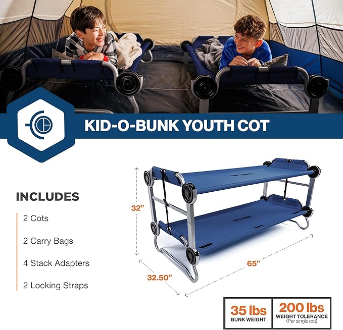 Disc-O-Bed Youth Double Cot Kid-O-Bunk Modular for Bunk Beds Dual Cots or Bench with 2 Carry Bags for Portable Transport
