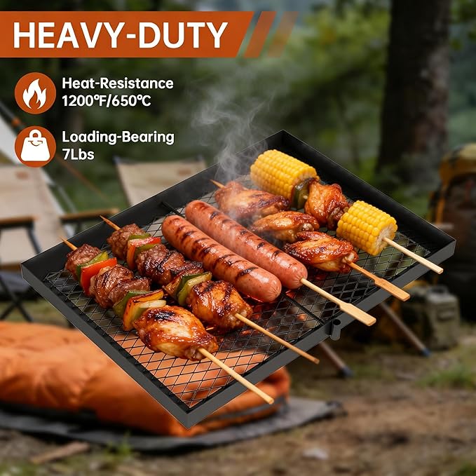 ABSCONDO Height-Adjustable Campfire Grill grate Swivel Fire Pit Grilling Grate Heavy Duty Portable Over Fire Cooking Grate with Handbag for Outdoor Camping Hiking Backpacking and Family Gatherings