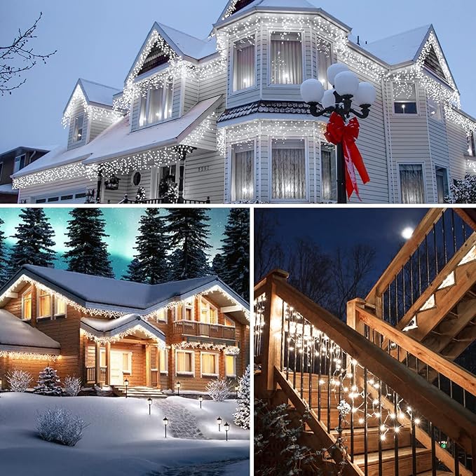 Minetom Icicle Lights for Outside 100Ft 832 LED White Christmas Lights with 156 DropsChristmas Icicle Light with Remote and Timer for House Roof Pure White