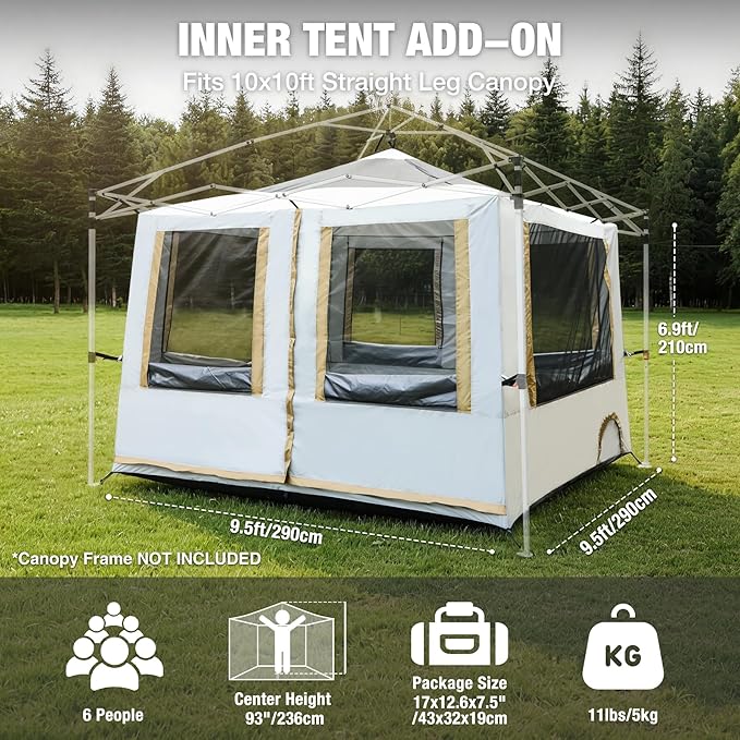 REDCAMP Canopy Camping Tent for Pop Up Canopy Inner Tent with Mesh Window Converts Straight Leg 10ft Canopy into Camping Shelter Fits 4-6 Person Khaki White(Frame/Shelter NOT Included)