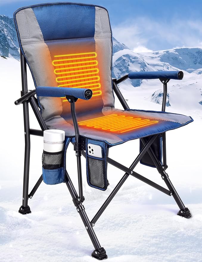 Heated Camping Chair for Adults Heats Back and Seat 3 Heat Levels Fully Padded Heated Folding Chair for Outdoor Sports with Cup Holder Rich Pockets Battery NOT Included
