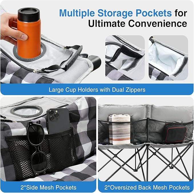 Suteck Double Camping Chair Oversized Padded Camping Couch w/Independent Seats 1200D Oxford Folding Camping Loveseat w/2 Cup &amp Wine Glass Holders Cooler Bags &amp Side Pocket for Camping Lawn