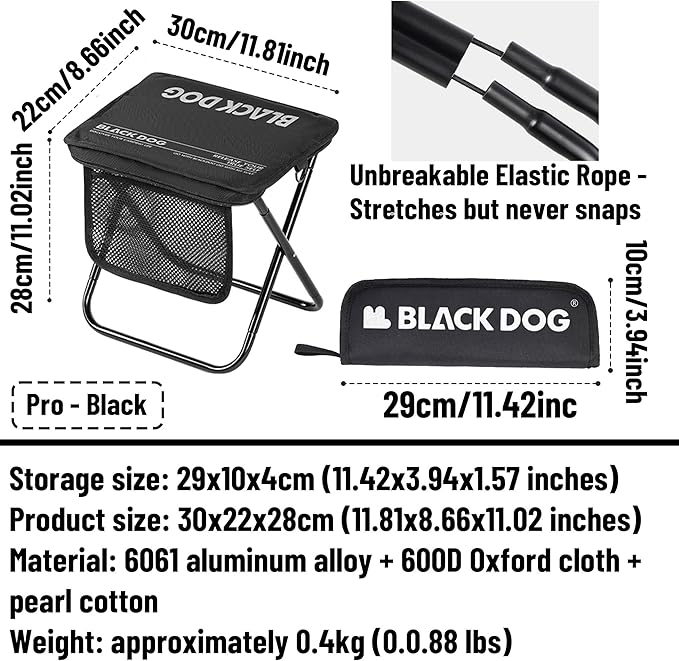 Blackdog 11in Ultralight Camping Folding Stool - 0.7lb Compact Camping Chair 265lb Capacity Aluminum Alloy X-Frame for Hiking Fishing BBQ Portable Small Stool for Adults (Black - Pro)
