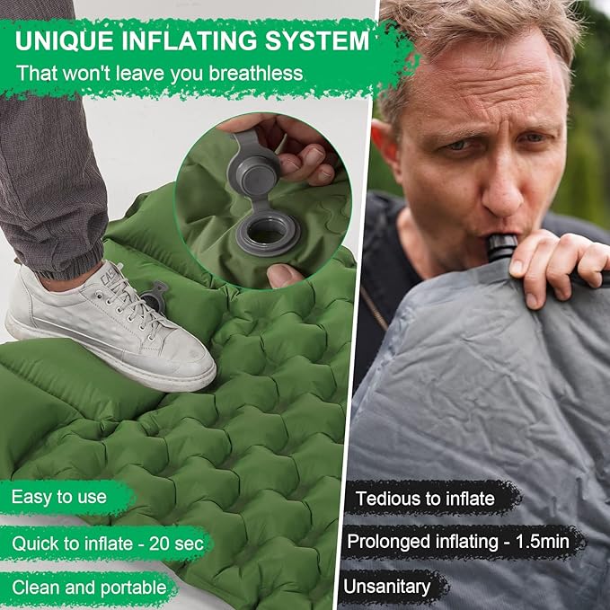 WANNTS Sleeping Pad Ultralight Inflatable Sleeping Pad for Camping Built-in Pump Ultimate for Camping Hiking - Airpad Carry Bag Repair Kit - Compact &amp Lightweight Camping Pad(Green)