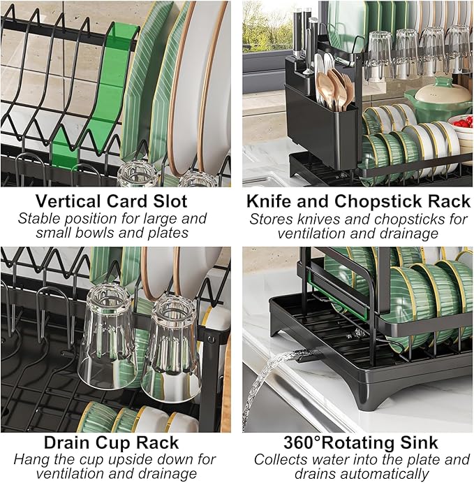 BCWW 2-Tier Dish Racks for Kitchen Counter Multifunctional Dish Drying Rack Large Capacity Metal Kitchen Dishes Drying Rack Plate Organizer for Bowls/Cups/Bottles (Black)