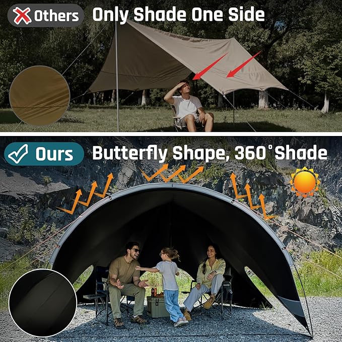 Large Blackout Camping Tarp with Poles Waterproof Shade Canopy Tent Tarp Sun Shade Shelter for Outdoor Camping Backyard Picnic - Included Guy Lines &amp Luminous Tent Stakes Gray