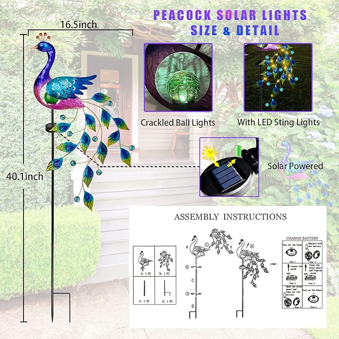 DREAMSOUL Peacock Solar Garden Lights Outdoor Decorative Stake Waterproof Metal Peacock Garden Decor Solar Powered Landscape LED Path Lights Walkway Patio Decoration Lawn Ornament