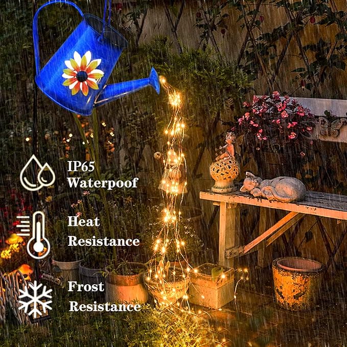 Blue Solar Watering Can with LightSolar Powered Waterfall Lights 1 Pack 60 LED(Includes Shepherd Hook) for GardenYard Path Christmas Holiday Decoration