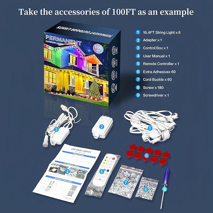 Permanent Outdoor Lights 100FT 60LEDs RGBWC+IC Smart LED Strip with 50+ Scene Modes IP68 Waterproof App &amp Remote Control for Christmas Holiday Roof and Pool Party Decor
