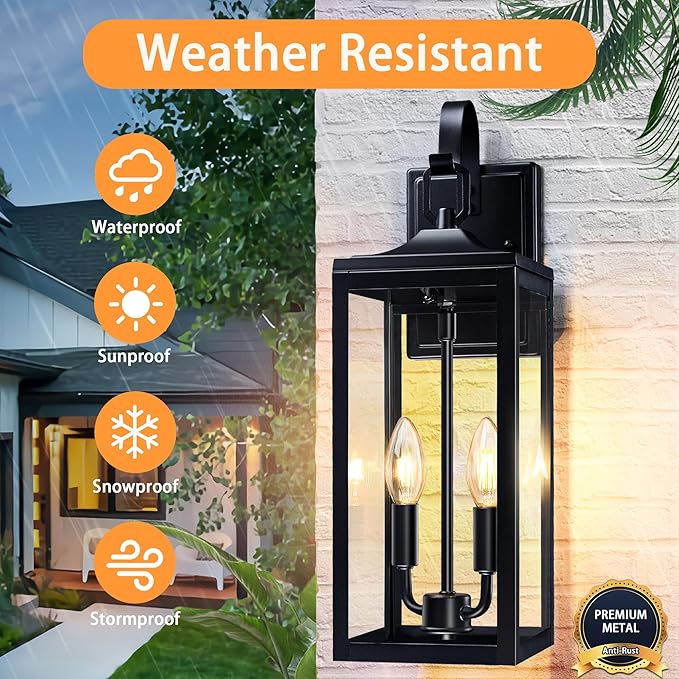 18'' Large Outdoor Light Fixture 2 Packs Black Porch Lantern Wall Mounted Waterproof 2-Light Exterior Lighting Fixtures with Clear Tempered Glass Modern Sconce Outside Lights for House Patio Garage