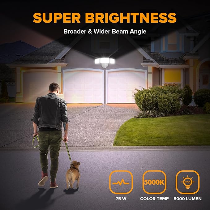 LUTEC 75W 8000 Lumen Floods Light Outdoor Switch Controlled LED Security Lights with 3 Adjustable Heads 5000K Daylight IP65 Waterproof Exterior Flood Light for Garage Yard Patio (White) - 2 Pack