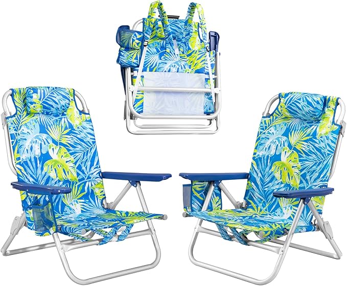Backpack Beach Chairs for Adults - Folding Heavy Duty Camping Chair with Storage Pouch Cup Holder &amp Towel Rack Lightweight &amp Adjustable Chair for OutdoorTravel (2pcs / Tropical Foliage)