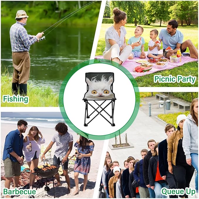 Cartoon Funny LaPerm Cats Fear Foldable Camp Chairs for Adults Heavy Duty Ultra Lightweight Beach Chair Backpack Carry Bag Included Ice Fishing Chair for Camping Lawn