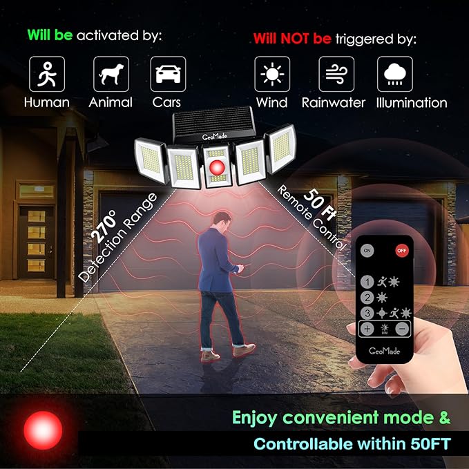 Solar Outdoor Lights Flood Light Motion Sensor &amp Dusk to Dawn Solar Spotlights Outdoor Waterproof 300 Security LED &amp Remote Control 5 Head 270° Spot lamp for Wall Backyard 2 Pack