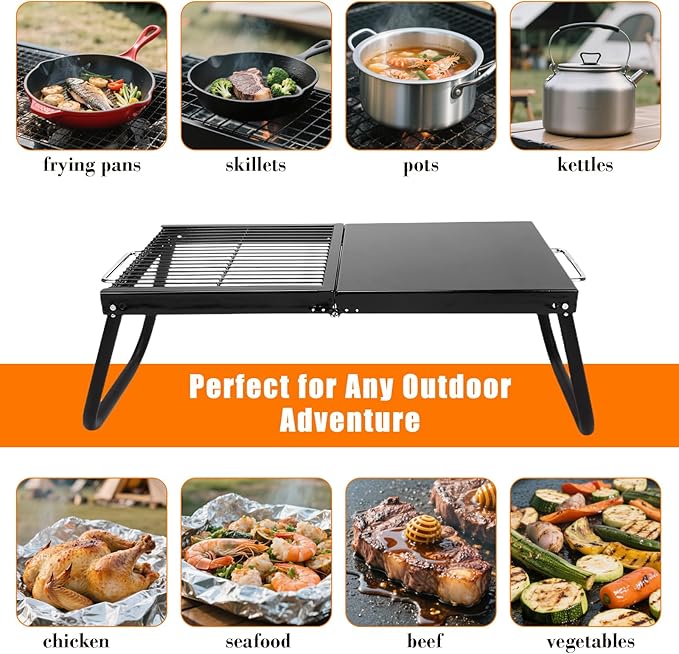 Folding Campfire GrillEnameled Coating Grate Heavy Duty Camp Grill Grate Portable Camping Grates Over Fire Pit Campfire Grill Cooking Equipment with Carrying Bag for Outdoor Cooking