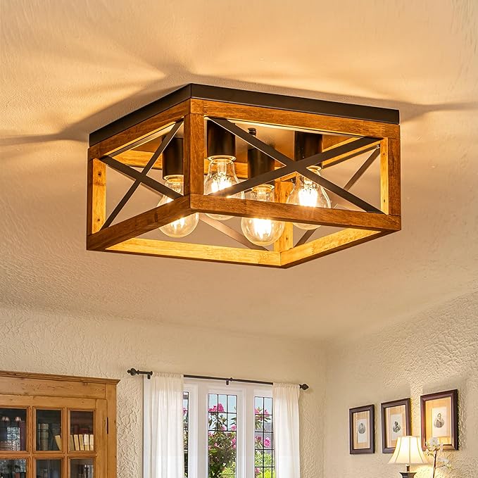 Farmhouse Ceiling Light 4-Light Flush Mount Ceiling Light with Black Metal and Wood Rustic Light Fixture for Hallway Entryway Kitchen