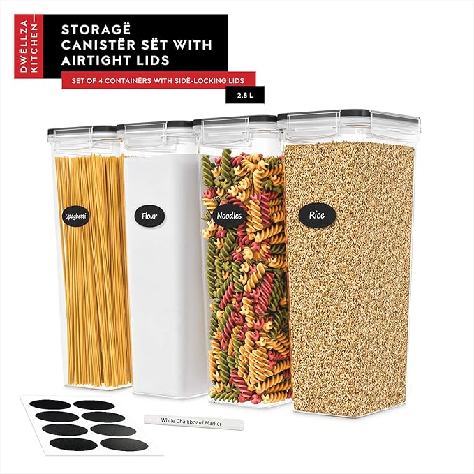 Airtight Food Storage Containers with Lids Set of 4-95 fl. oz Pasta storage Containers BPA Free Plastic Spaghetti container - Air Tight Canisters for Kitchen Pantry Organization