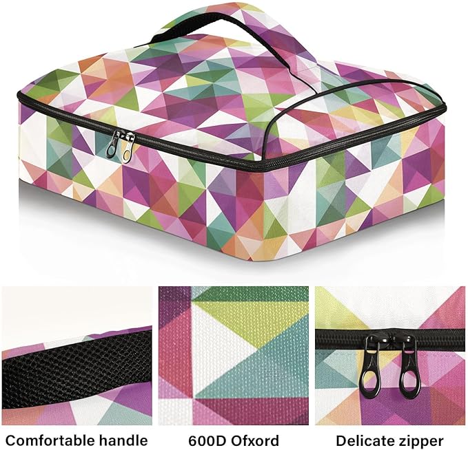Casserole Carrier Pattern Colorful Triangles and Squares Insulated Casserole Carrier for Hot or Cold Food Thermal Lunch Tote for Parties Picnic Travel Carry Bag